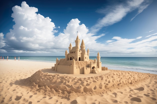 Castillo de arena en la playa con un cielo nublado en el fondo