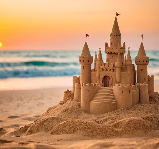 Foto castillo de arena en la playa concepto de vacaciones de verano y viajes