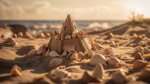 Castillo de arena en la playa con conchas marinas en la arena