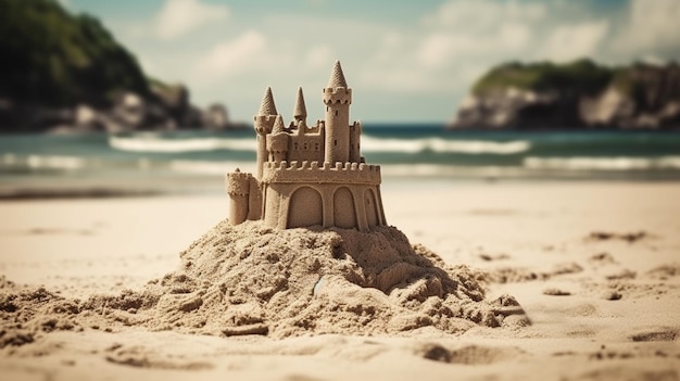 Foto castillo de arena en una playa con una playa al fondo