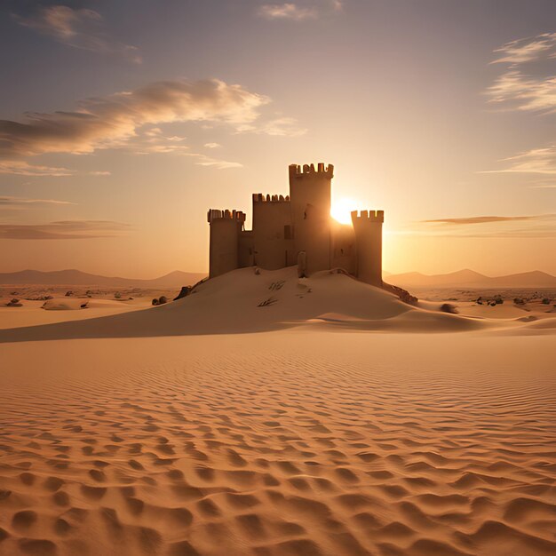 Foto un castillo está en la arena con el sol poniéndose detrás de él