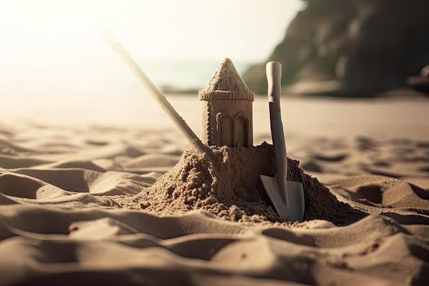 castillo de arena de verano en la playa con una pala en la arena