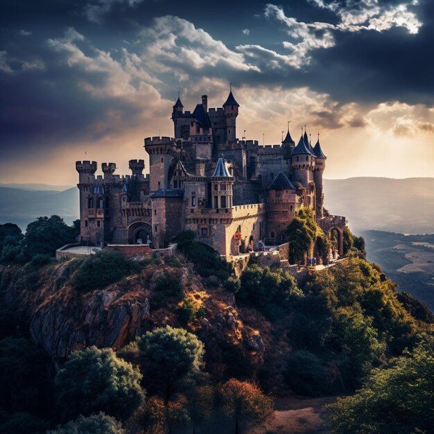 castillo arrafado en una montaña con un cielo nublado generativo ai