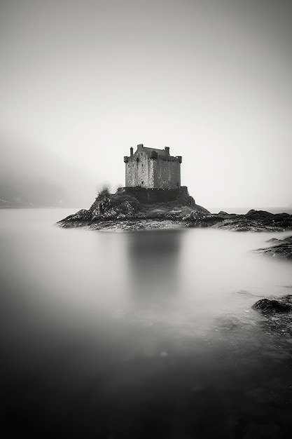 Un castillo se asienta sobre una roca en el agua.