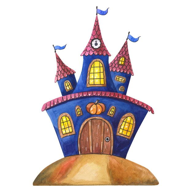 Foto castillo azul acuarela para halloween ilustración acuarela aislado