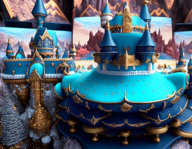 Un castillo azul con detalles dorados y una parte superior azul.