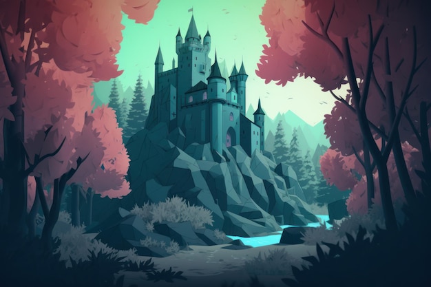Un castillo en el bosque con un lago al fondo.