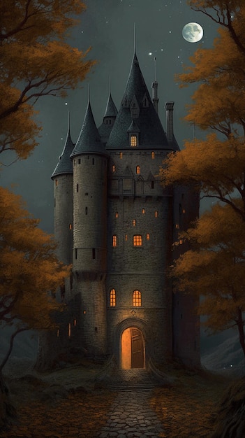 Un castillo en el bosque con una luna en el cielo.