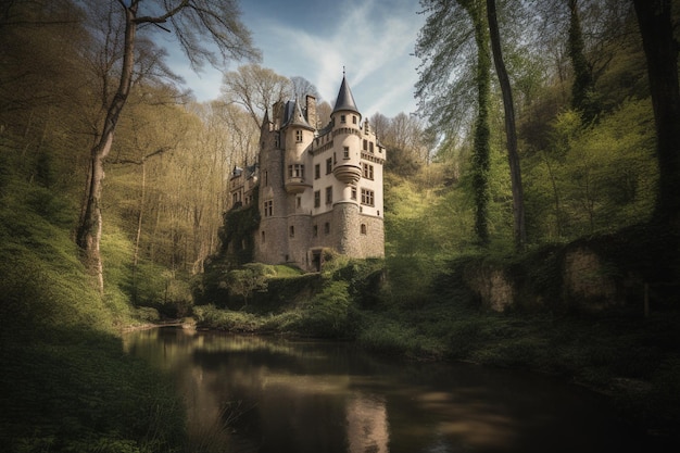 Un castillo en el bosque con un río en primer plano