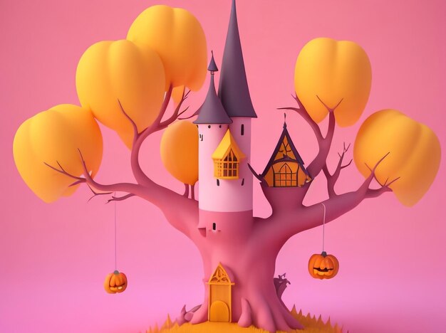 Foto castillo de brujas encantado de halloween estilo dibujos animados en un ambiente espeluznante