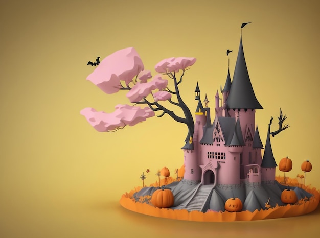 Castillo de brujas encantado de Halloween estilo dibujos animados en un ambiente espeluznante