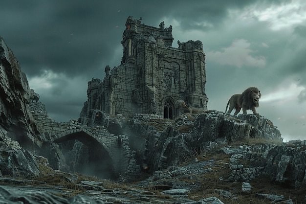 un castillo con un caballo en la parte superior