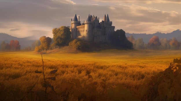 Un castillo en un campo de hierba dorada.