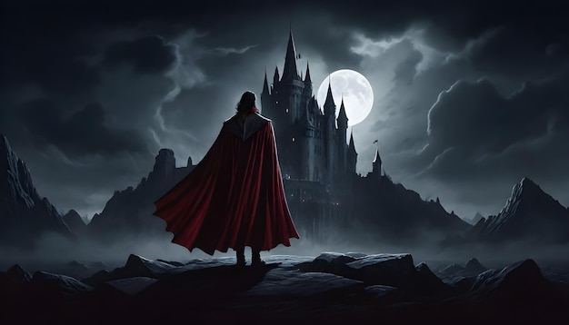 un castillo con una capa roja en él y un hombre con una tapa roja de pie frente a un castillo