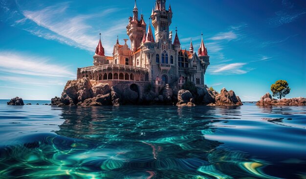 un castillo con un castillo en el agua y el océano en el fondo