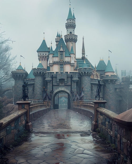 un castillo con un castillo en la parte superior y una estatua de un hombre en el fondo