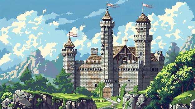 un castillo con un castillo en la parte superior y una hierba verde en la parte inferior