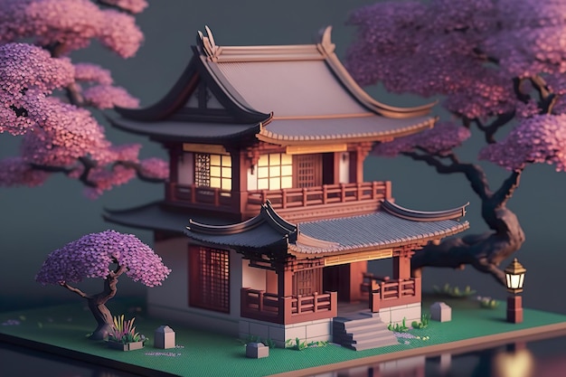 Castillo chino 3d tradicional o hogar tradicional chino con fondo de árbol de sakura Generar AI