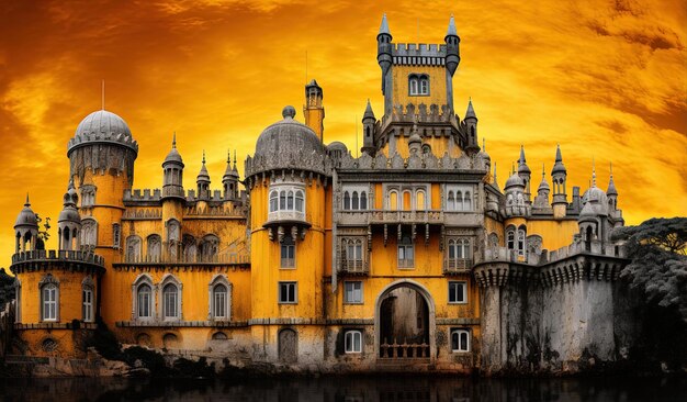 un castillo con un cielo amarillo y un edificio en el fondo