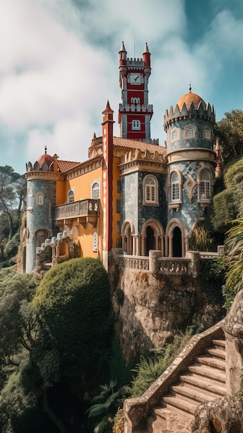 Un castillo en una colina con un castillo al fondo