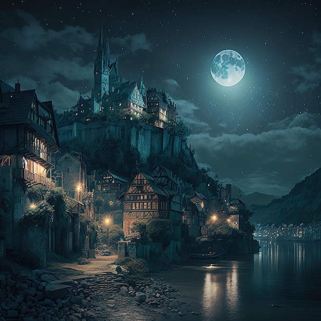 Un castillo en una colina con una luna al fondo.