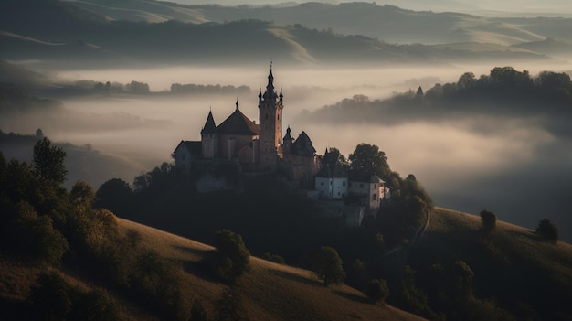 Un castillo en una colina en la niebla.