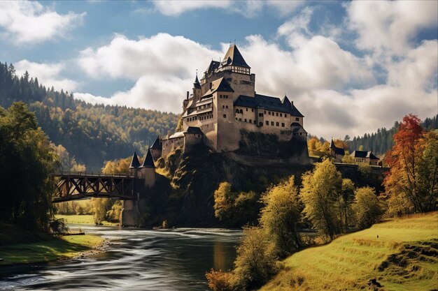 Foto un castillo en una colina con un puente sobre él