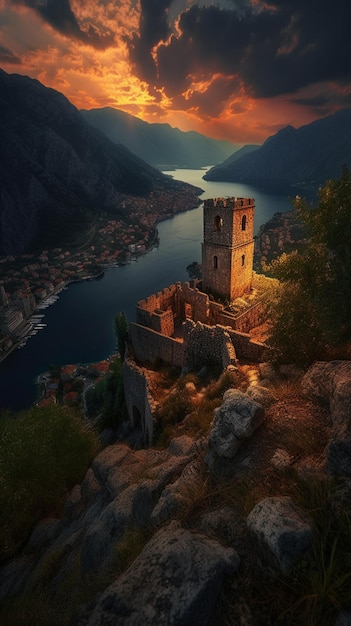 Un castillo en una colina con una puesta de sol de fondo