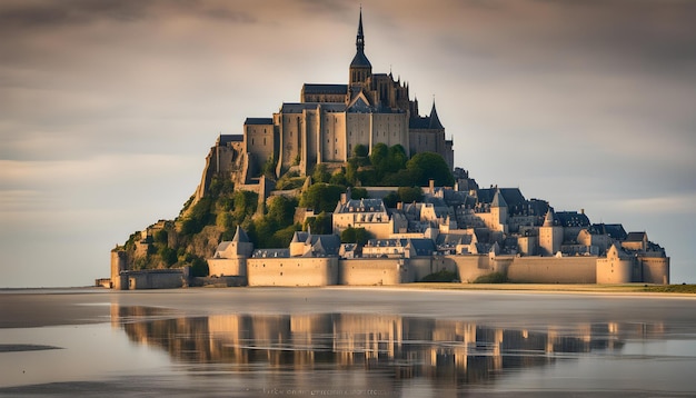 Foto un castillo está en una colina con un reflejo en el agua