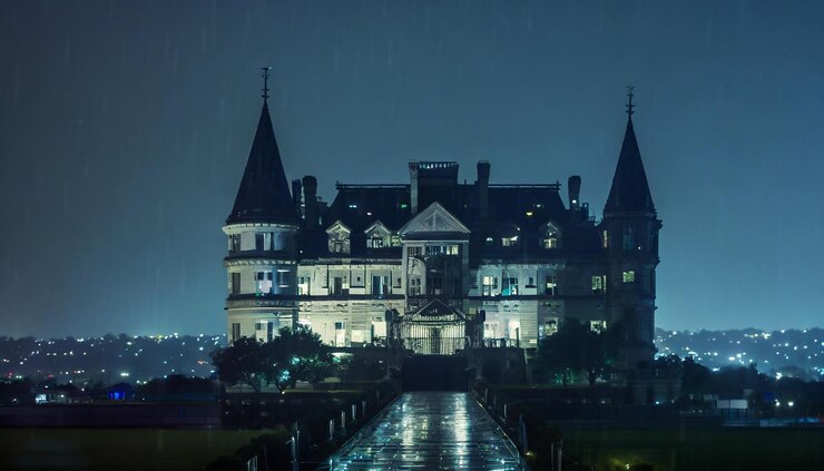 Un castillo colonial oscuro y misterioso en una noche lluviosa