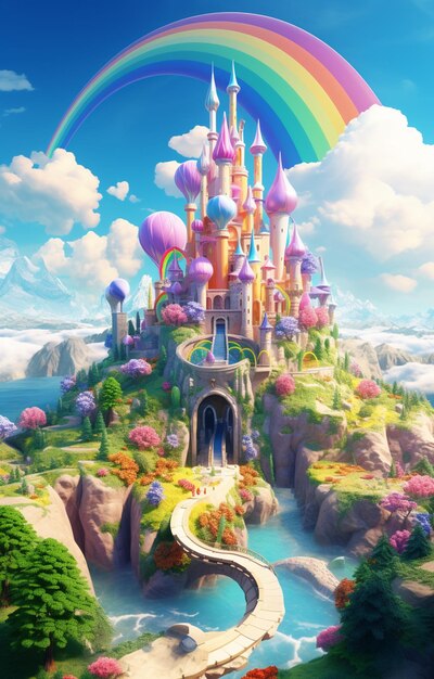 un castillo de colores brillantes con un arco iris en el cielo generativo ai