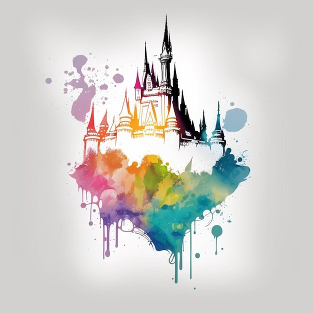 un castillo de colores brillantes con una salpicadura de pintura arco iris en él