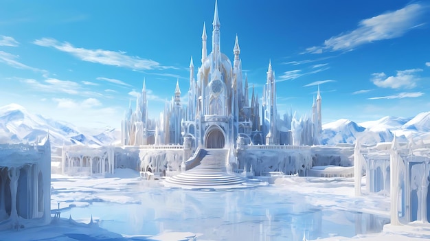 Un castillo congelado con un lago congelado al fondo