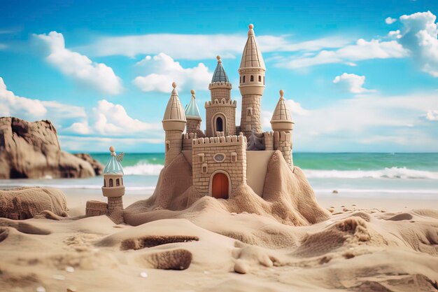 Foto un castillo construido de arena en la playa imagen generada por tecnología de ia