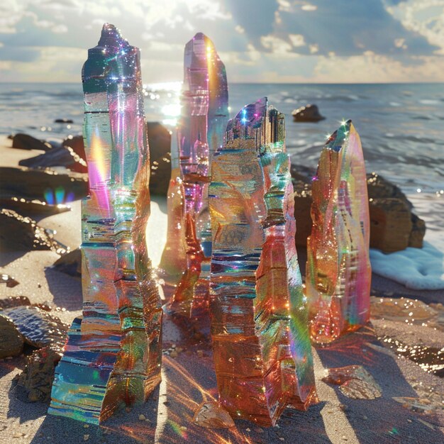 Foto un castillo de cristal en la playa generativo ai