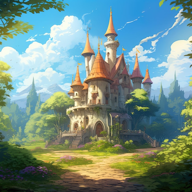 castillo de cuento de hadas de fantasía de anime de dibujos animados en el bosque con un techo alto y puntiagudo