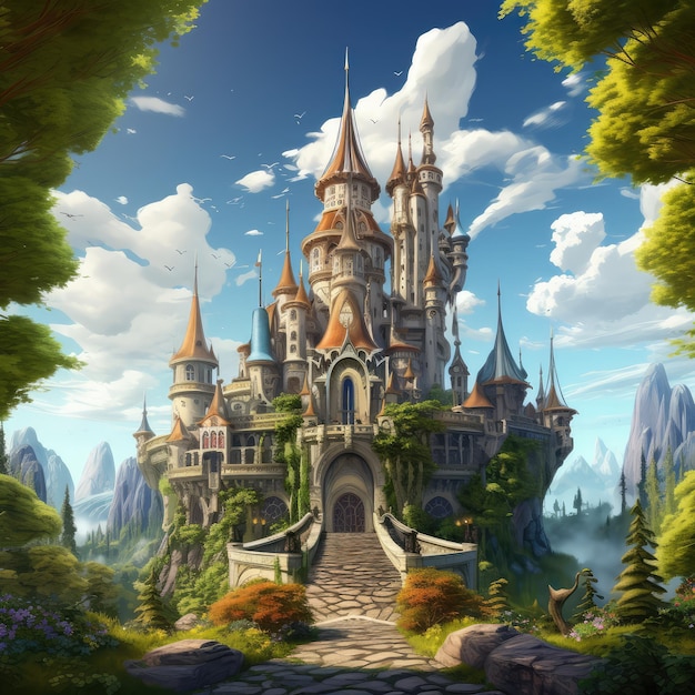 castillo de cuento de hadas de fantasía de anime de dibujos animados en el bosque con un techo alto y puntiagudo