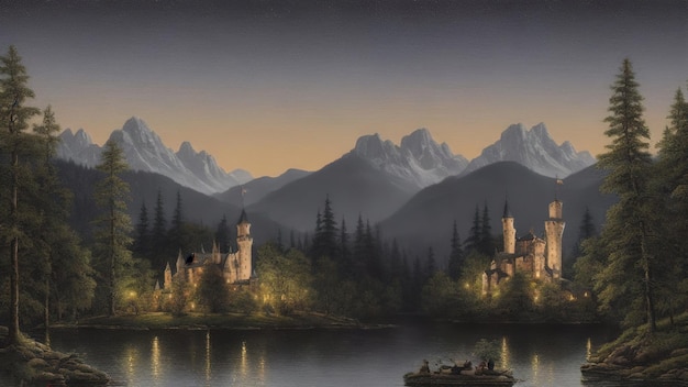 Castillo de cuentos de hadas en medio de las montañas en el lago alrededor del bosque