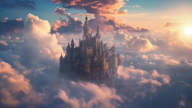 El castillo de cuentos de hadas en las nubes el majestuoso palacio flotando entre los cielos de algodón caramelo