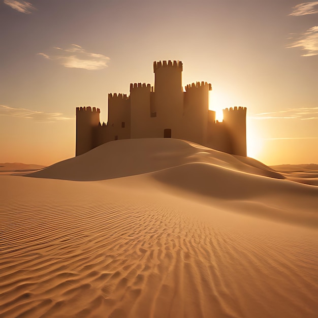 Foto un castillo en el desierto con dunas de arena en el fondo