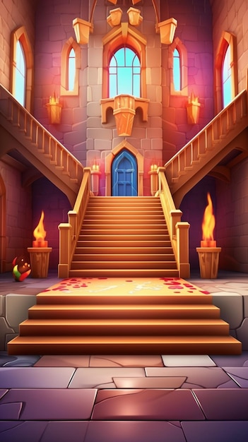 un castillo de dibujos animados con una escalera que conduce a una gran escalera generativa ai