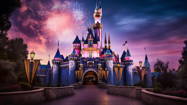 Foto el castillo de disneyland con fuegos artificiales imagen de belleza ai generó arte