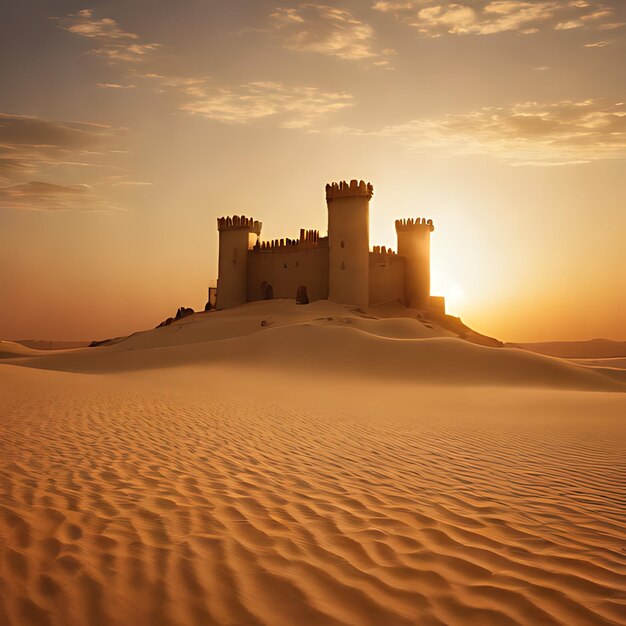 un castillo en una duna de arena con el sol poniéndose detrás de él