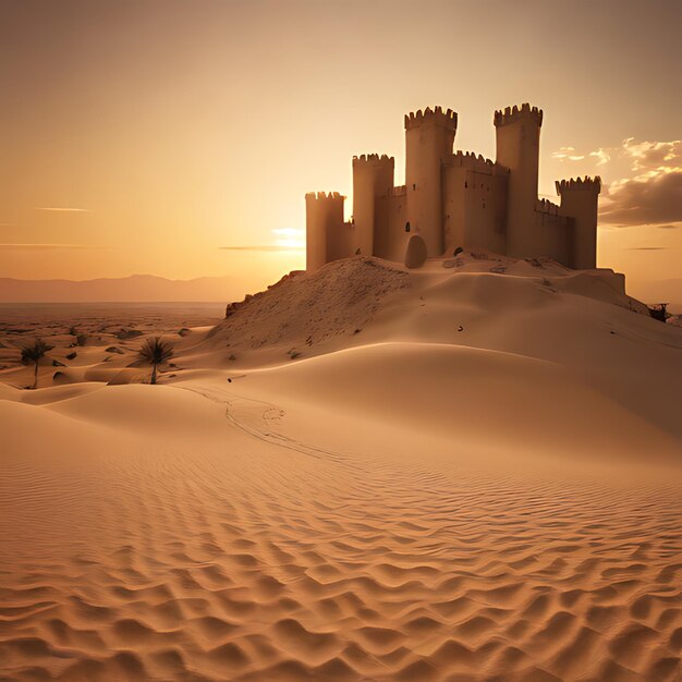 Foto un castillo está en una duna de arena con el sol poniéndose detrás de él