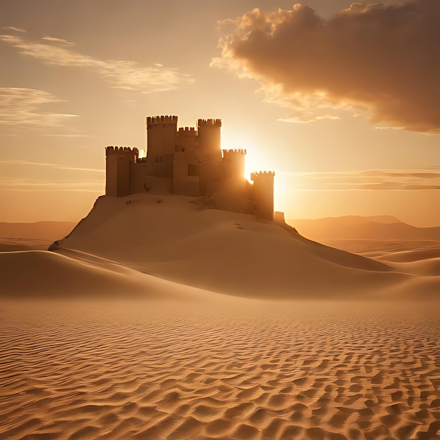 Foto un castillo en una duna de arena con el sol poniéndose detrás de él