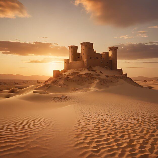 Foto castillo en una duna de arena con el sol poniéndose detrás de él