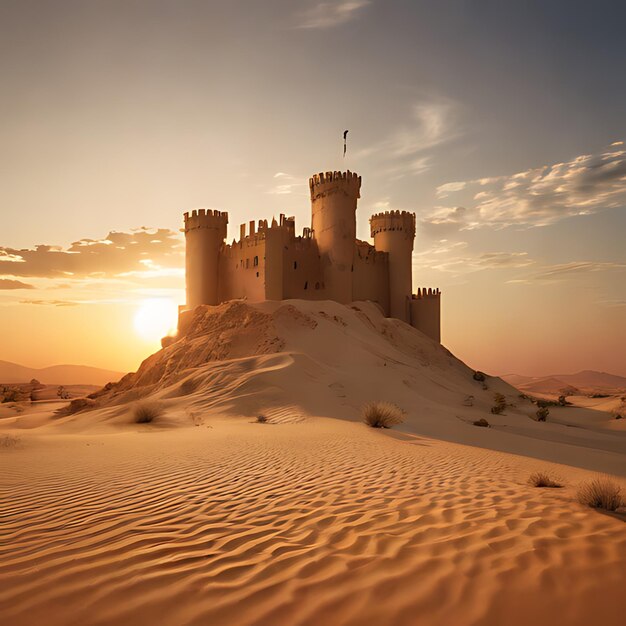 un castillo en las dunas de arena al atardecer