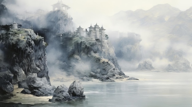 El castillo de los elfos de la niebla El castillo del acantilado de la montaña inspirado en el arte chino antiguo