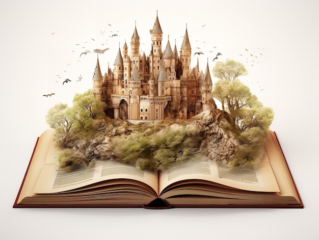 El castillo emerge de la imaginación del libro y la posibilidad aislada en un fondo blanco generado por la IA