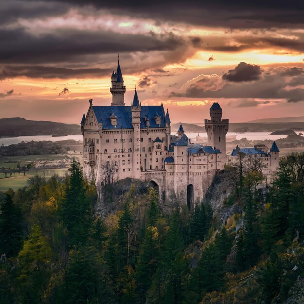 Foto un castillo se encuentra en una colina con un cielo nublado en el fondo